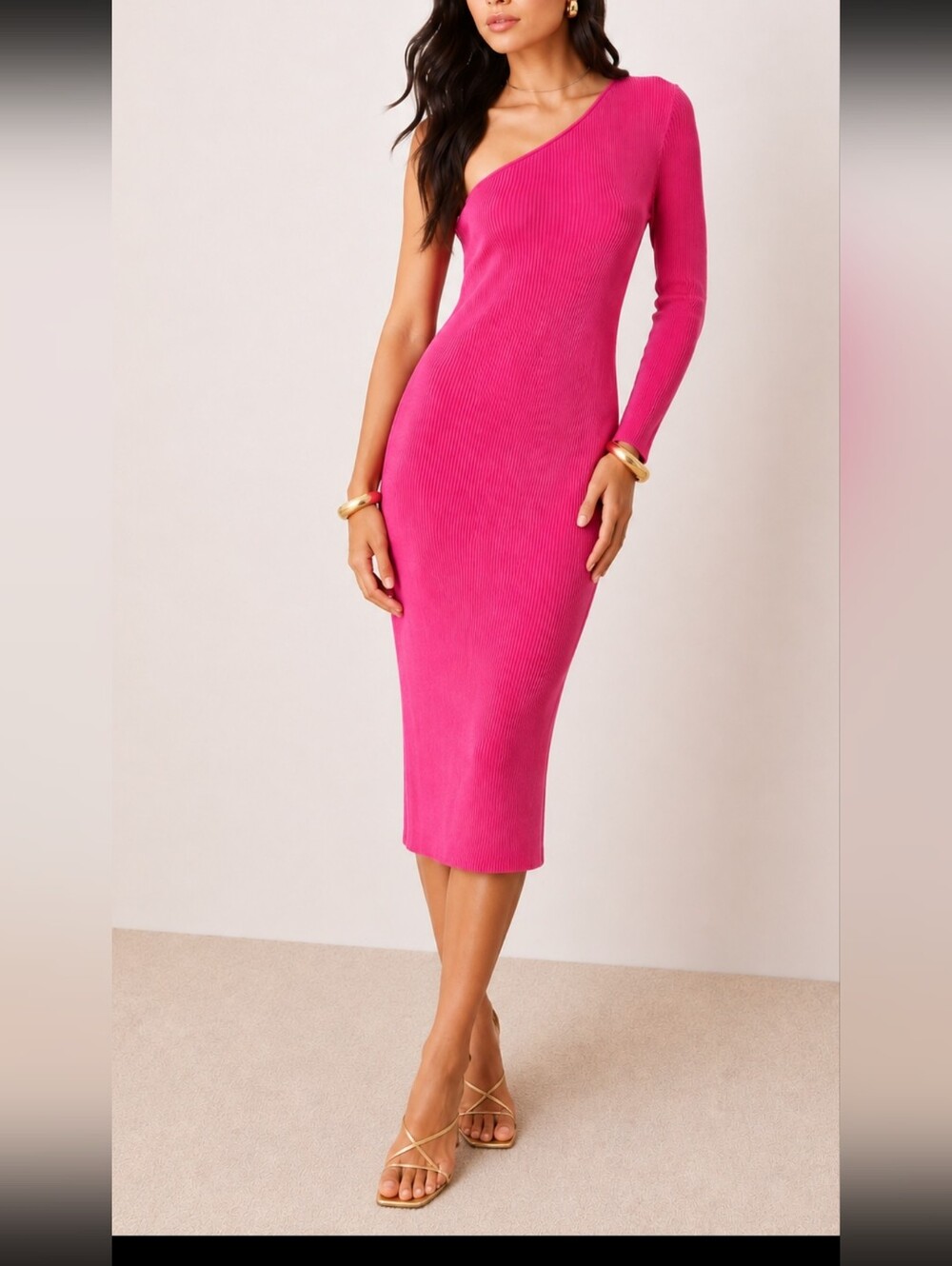Vila One-Shoulder Pink Midi Dress